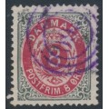 DENMARK - 1875 8øre red/grey Numeral, perf. 14:13½, violet cancel – Facit # 31c