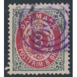 DENMARK - 1875 8øre red/grey Numeral, perf. 14:13½, violet cancel – Facit # 31c