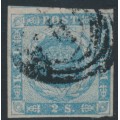 DENMARK - 1855 2Sk light blue Crown, imperforate, used – Facit # 3a