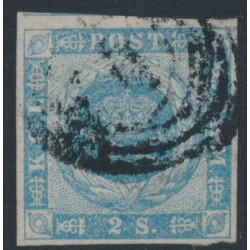 DENMARK - 1855 2Sk light blue Crown, imperforate, used – Facit # 3a
