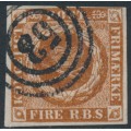 DENMARK - 1854 4RBS chestnut Crown imperforate, Thiele III printing, used – Facit # 2IVb
