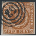 DENMARK - 1854 4RBS chestnut Crown imperforate, Thiele III printing, used – Facit # 2IVb