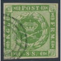 DENMARK - 1858 8Sk green Crown, imperforate, lined background, used – Facit # 8