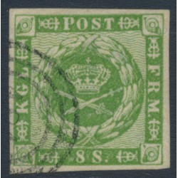 DENMARK - 1858 8Sk green Crown, imperforate, lined background, used – Facit # 8