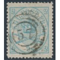 DENMARK - 1865 2Sk light green-blue Crown, perf. 13:12½, used – Facit # 11f