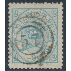 DENMARK - 1865 2Sk light green-blue Crown, perf. 13:12½, used – Facit # 11f