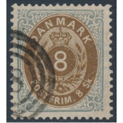 DENMARK - 1871 8Sk yellowish brown/grey Numeral, perf. 14:13½, used – Facit # 23b