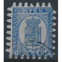 FINLAND - 1867 20Pen blue Coat of Arms, roulette III, grey-blue paper, used – Facit # 8v2C3