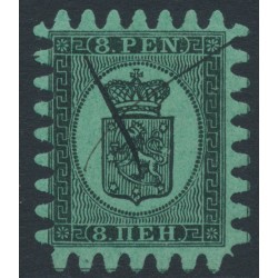 FINLAND - 1867 8Pen black Coat of Arms, roulette III, green paper, used – Facit # 6v1C3