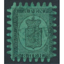 FINLAND - 1867 8Pen black Coat of Arms, roulette III, green paper, used – Facit # 6v1C3