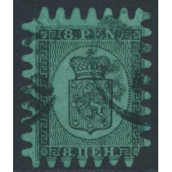 FINLAND - 1867 8Pen black Coat of Arms, roulette III, green paper, used – Facit # 6v1C3