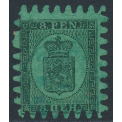 FINLAND - 1867 8Pen black Coat of Arms, roulette III, green paper, used – Facit # 6v1C3