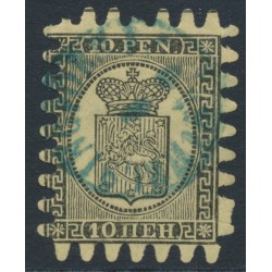 FINLAND - 1870 10Pen black Coat of Arms, roulette III, straw-yellow paper, used – Facit # 7v3C3