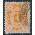 FINLAND - 1876 5Pen yellowish orange Coat of Arms, perf. 11:11, used – Facit # 13Sb