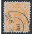 FINLAND - 1879 5Pen yellow-orange Coat of Arms, perf. 11:11, used – Facit # 13Sgg