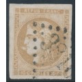 FRANCE - 1870 10c yellow-brown Cérès (Bordeaux printing), imperf., with a variety, used – Michel # 40a