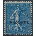 ANDORRA - 1931 1Fr deep blue Semeuse overprinted ANDORRE, MH – Michel # 17