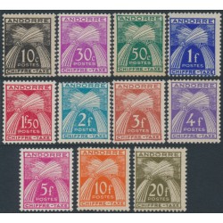 ANDORRA - 1943 10c to 20Fr Postage Dues (Chiffre Taxe) set of 11, MH – Michel # P21-P31