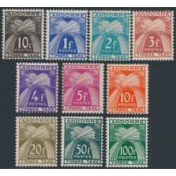 ANDORRA - 1946 10c to 100Fr Postage Dues (Timbre Taxe) set of 10, MH – Michel # P32-P41
