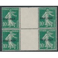 FRANCE - 1922 10c green Semeuse, gutter block of 4, o/p SPECIMEN, MNH – Michel # 141II