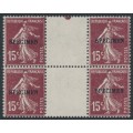 FRANCE - 1926 15c purple-brown Semeuse, gutter block of 4, o/p SPECIMEN, MNH – Michel # 184