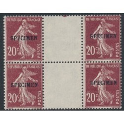 FRANCE - 1907 20c purple-brown Semeuse, gutter block of 4, o/p SPECIMEN, MNH – Michel # 118x