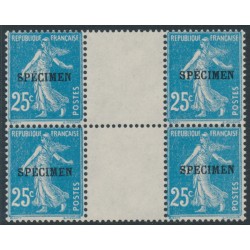 FRANCE - 1920 25c pale blue Semeuse, gutter block of 4, o/p SPECIMEN, MNH – Michel # 119bx