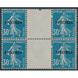 FRANCE - 1925 30c pale blue Semeuse, gutter block of 4, o/p SPECIMEN, MNH – Michel # 187