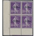 FRANCE - 1906 35c violet Semeuse, corner block of 4, o/p SPECIMEN, MNH – Michel # 121IIx