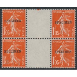 FRANCE - 1925 1.05Fr vermilion Semeuse, gutter block of 4, o/p SPECIMEN, MNH – Michel # 190