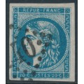 FRANCE - 1870 20c blue Cérès, type II (Bordeaux printing), imperforate, used – Michel # 41II