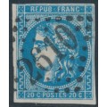 FRANCE - 1871 20c blue Cérès, type III (Bordeaux printing), imperforate, used – Michel # 41III