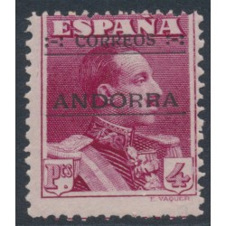 ANDORRA - 1928 4Ptas purple King Alfonso XIII o/p ANDORRA, perf. 13:12½, MH – Michel # 11B