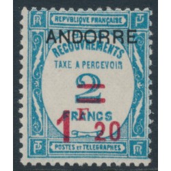 ANDORRA - 1931 1.20Fr on 2Fr blue French Postage Due o/p ANDORRE, MH – Michel # P12