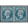 FRANCE - 1853 25c blue Napoléon, pair imperforate, used – Michel # 14