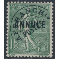 FRANCE - 1923 15c green Semeuse pre-cancel, o/p ANNULÉ, MH – Yvert # PO45-CI1