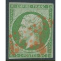 FRANCE - 1860 5c green on greenish Napoléon, imperforate, red cancel – Michel # 11a