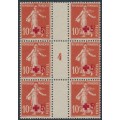 FRANCE - 1914 10c+5c orange-red Semeuse, millésime block of 6, MNH – Michel # 125