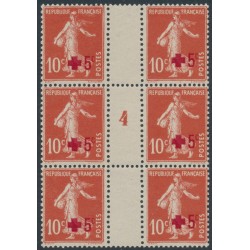 FRANCE - 1914 10c+5c orange-red Semeuse, millésime block of 6, MNH – Michel # 125