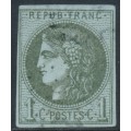 FRANCE - 1870 1c olive Cérès (Bordeaux printing), imperforate, used – Michel # 36