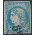 FRANCE - 1870 20 blue Cérès (Bordeaux printing), type I, imperforate, used – Michel # 41I