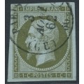 FRANCE - 1860 1c bronze-olive on bluish Napoléon, imperforate, used – Michel # 10b