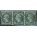 FRANCE - 1860 1c bronze-olive Napoléon, imperforate strip of 3, used – Michel # 10b