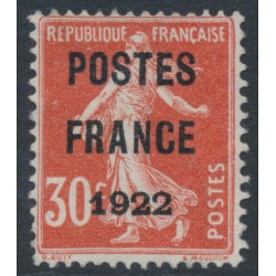 FRANCE - 1922 30c red Semeuse, POSTES FRANCE 1922 pre-cancel, MNG – Michel # 142Vb
