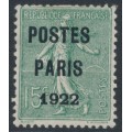 FRANCE - 1922 15c green Semeuse, POSTES PARIS 1922 pre-cancel, MH – Michel # 109VaIII