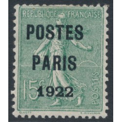 FRANCE - 1922 15c green Semeuse, POSTES PARIS 1922 pre-cancel, MH – Michel # 109VaIII