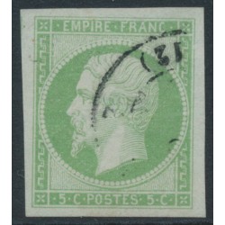 FRANCE - 1860 5c yellow-green on greenish Napoléon, imperforate, used – Michel # 11a
