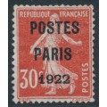 FRANCE - 1922 30c red Semeuse, POSTES PARIS 1922 pre-cancel, MNG – Michel # 142Va