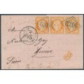 FRANCE - 1873 40c orange Cérès, strip of three on cover to Switzerland – Michel # 35
