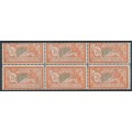 FRANCE - 1920 2Fr orange/blue Merson, double perforations B/6, MNH – Michel # 139